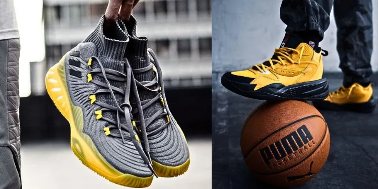 The perfect basketball shoe package 2023 and two shoes in black and yellow